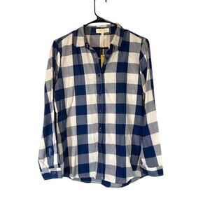 ICY Blue White Plaid Collared Long Sleeve Cotton Button Down Shirt Women Sz M